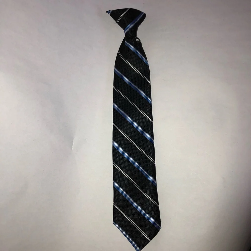 Boys Black Navy Blue White Striped Clip On Tie Ages 5 - 7